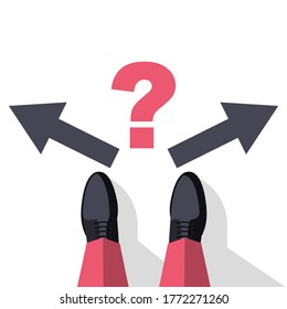 Decision concept. Decide direction, arrows right left.  Businessman standing choice of ways. Defore choosing. Vector illustration flat design. Isolated on white background.