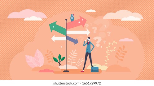 Decision Crossroads Concept, Flat Tiny Businessman Person Vector Illustration. Direction Pointing Road Sign Arrows. Choosing The Way Confusion. Figuring Out The Best Opportunity Path For The Success.