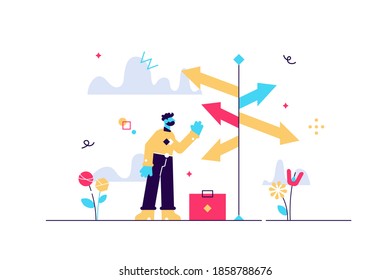 Decision crossroads concept, flat tiny businessman person vector illustration. Direction pointing road sign arrows. Choosing the way confusion. Figuring out the best opportunity path for the success.