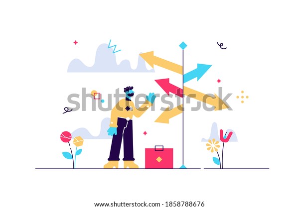Decision crossroads concept, flat tiny\
businessman person vector illustration. Direction pointing road\
sign arrows. Choosing the way confusion. Figuring out the best\
opportunity path for the\
success.