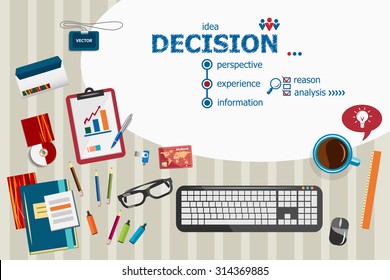 Decision design and flat design illustration concepts for business analysis, planning, consulting, team work, project management. Decision concepts for web banner and printed materials.