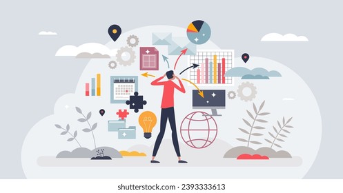 Decision exhaustion and various options choice fatigue tiny person concept. Feel mental anxiety from dilemmas and difficult business decisions vector illustration. Burnout after intense multitasking.