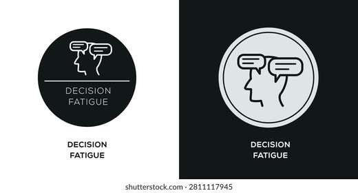 Decision fatigue concept with confused human profile, multiple choice arrows and low battery symbol, vector illustration.