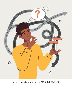 Decision fatigue concept. Thoughtful character on background of question. Psychology, mental health and logical thinking. Choosing life path, evaluating options. Cartoon flat vector illustration