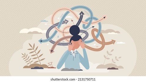 Decision fatigue and tired female with confusion struggle tiny person concept. Doubt and frustration with burnout signs vector illustration. Confusion about many possible solutions and mental pressure