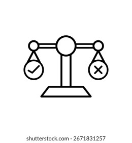 Escala de equilibrio de iconos de decisión con iconos de verificación y cruzados para opciones, decisiones. Adecuado para ilustraciones de negocios, educación, finanzas y conceptos.