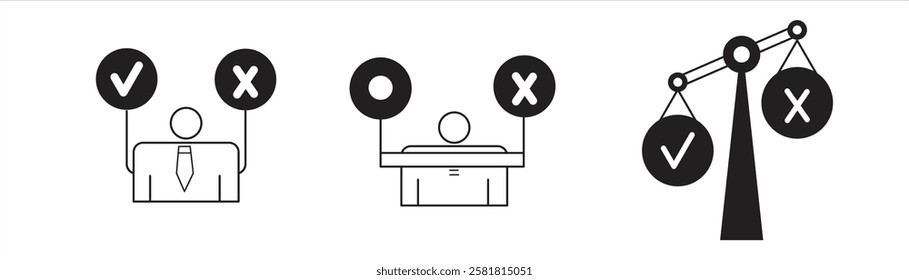 decision icon, with check mark, cross, eps 10, isolated on white background, vector illustration.