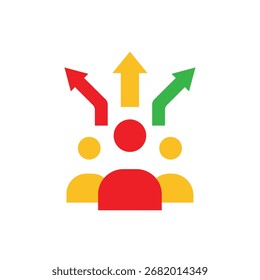 Icono de decisión. Gestión. Tres personas con tres flechas apuntando en diferentes direcciones. Oficina, equipo, análisis. estilo de diseño plano.