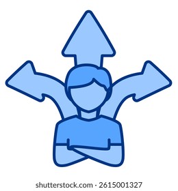 Decision icon represented by man, multi directional arrows Blue style.