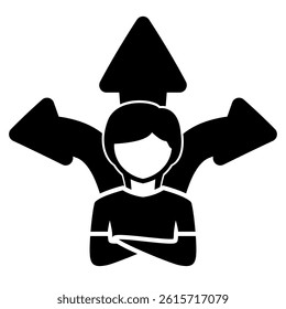 Decision icon represented by man, multi directional arrows Black Filled style.