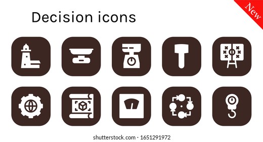 decision icon set. 10 filled decision icons. Included Split point, Scale, Mallet, Tactics, Options, Plan, Strategy icons