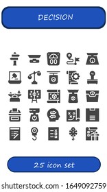 decision icon set. 25 filled decision icons. Included Sign Post, Scale, Direction, Auction, Planning, Scales, Tactics, Plan, Vote, Confused, Strategy, List icons