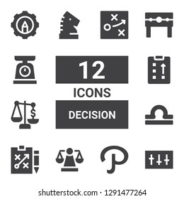 decision icon set. Collection of 12 filled decision icons included Equalizer, Path, Scale, Strategy, Libra, Punishment, Resources