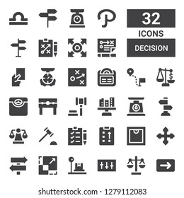 decision icon set. Collection of 32 filled decision icons included Direction, Scale, Equalizer, Sign Post, Strategy, Check list, Auction hammer, Auction, Punishment, Red card