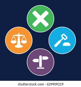 Decision icons set. set of 4 decision filled icons such as direction, cross, scales