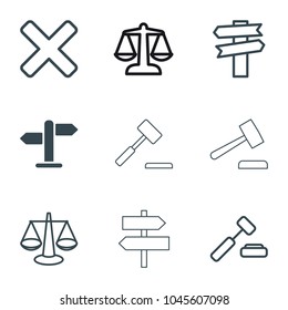 Decision icons. set of 9 editable outline decision icons such as direction, scales, auction hummer