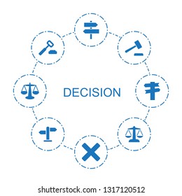 decision icons. Trendy 8 decision icons. Contain icons such as direction, cross, auction hummer, scales. decision icon for web and mobile.