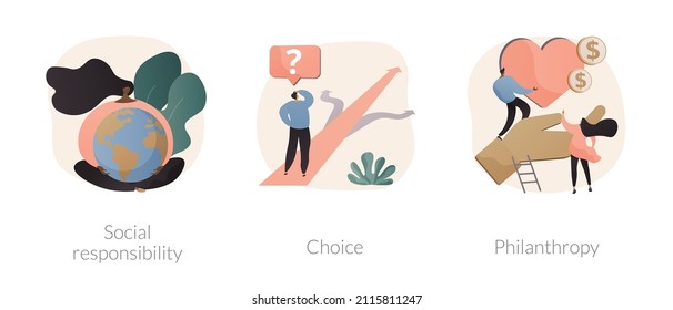 Decision making abstract concept vector illustration set. Social responsibility, choice, philanthropy, social value, private initiative, problem solving, donation fund, volunteering abstract metaphor.