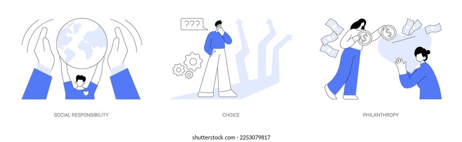 Decision making abstract concept vector illustration set. Social responsibility, choice, philanthropy, social value, private initiative, problem solving, donation fund, volunteering abstract metaphor.