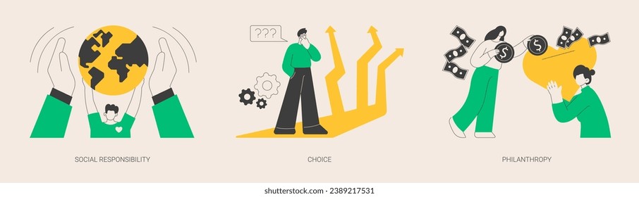 Decision making abstract concept vector illustration set. Social responsibility, choice, philanthropy, social value, private initiative, problem solving, donation fund, volunteering abstract metaphor.