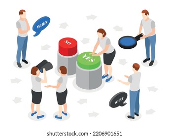 Decision Making Abstract Isometric Concept With Men And Women With Thinking And Searching Symbols Vector Illustration