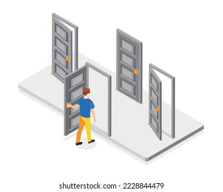 Decision making abstract isometric concept with man opening different doors vector illustration