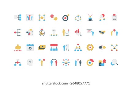 Decisão, algoritmos e opções de seleção para identificar e localizar o conjunto de ícones de cores da solução. Pensando sobre estratégia, discussão em equipe, oportunidade de dinheiro e solução de quebra-cabeças ilustração vetor plana