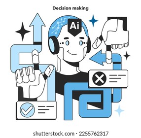 Toma de decisiones. Aplicación de red neural artificial. Sistema de computación de autoaprendizaje para el procesamiento de datos. Máquina profunda aprendiendo tecnología moderna. Ilustración vectorial plana