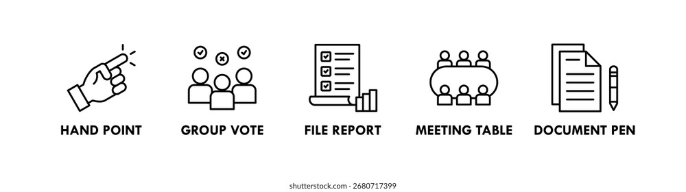 Decision Making banner web icon illustration concept with icon of hand point, group vote, file report, meeting table, and document pen
