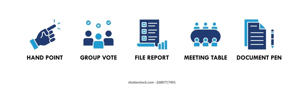 Concepto de la ilustración del icono del Web del Anuncio de la toma de decisiones con el icono del punto de la mano, voto del grupo, informe del archivo, tabla de la reunión, y pluma del documento
