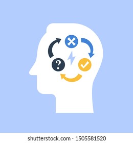 Decision making and behavior, mental trap, false logic circle, logical solution, critical thinking, psychology or psychiatry concept, vector flat illustration
