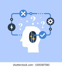 Decision making and behavior, mental trap, false logic circle, logical solution, critical thinking, psychology or psychiatry concept, vector flat illustration