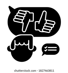 Decision making black glyph icon. Feedback, quality evaluation. Positive and negative rating silhouette symbol on white space. Like or dislike. Thumbs up and thumbs down vector isolated illustration