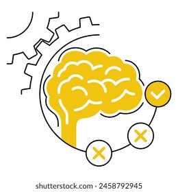 Decision making - Brain in thin line with some versions of answers, correct or incorrect, true or false