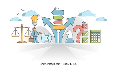 Decision making as business development strategy choice path outline concept. Company leader vision and decision from various options and moves vector illustration. Businessman dilemma and confusion.