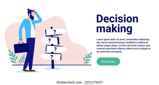 Decision making - Businessman scratching head standing at crossroad pointing in different directions. Confusion and choices concept, flat design vector illustration with copy space for text