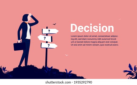 Decision making - Businesswoman uncertain and filled with doubt in front of signpost. Making choices and the way forward concept. Vector illustration.