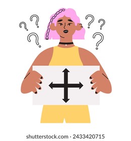 Toma de decisiones, trayectoria profesional o educativa, dirección del trabajo o elegir el concepto de camino correcto al éxito. Estudiante confundida con signo de interrogación y signo de interrogación. Ilustración vectorial de elección.