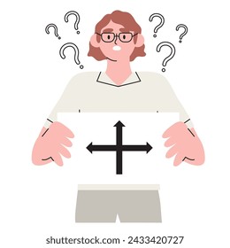 Decision making, career or educational path, work direction or choose the right way to success concept. Confused woman student with crossroad sign and question mark. Vector illustration of choice.