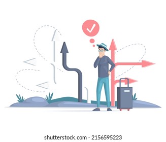 Decision making choose options person concept. Career, life and question decisions process visualization. Professional direction confusion and crossroad puzzle. Man at crossroads doubts choice of path