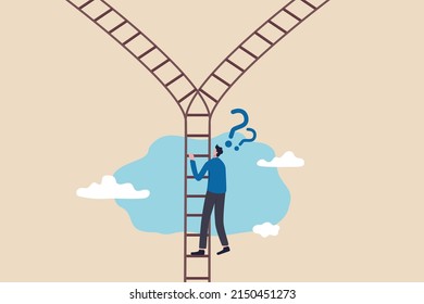 Decision making, choosing choices, options or way, which direction to be success or decide path to achieve target concept, confused businessman climb up ladder and found crossroad to make decision.