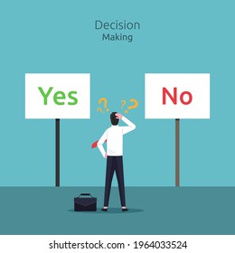 Decision making concept. Businessman confusing to make a decision between yes or no vector illustration.