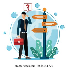 Decision making concept. Businessman standing near signposts, decision making and selecting the right path among options.