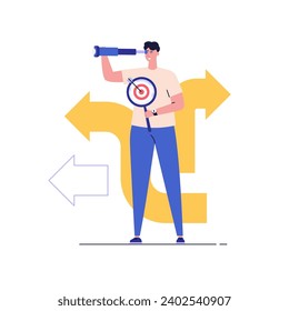 Decision making concept with choose different way. Student or employee choose career path. Various business ways. Difficult choice. Vector illustration in flat cartoon design for web banner, UI