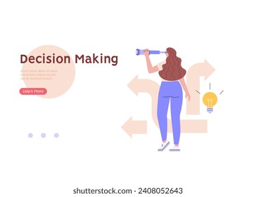 Decision making concept with choose different way. Student or employee choose career path. Various business ways. Difficult choice. Vector illustration in flat cartoon design for web banner, UI