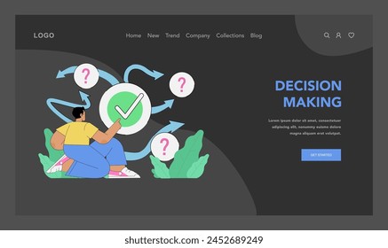 Concepto de toma de decisiones. Persona contemplativa navegando opciones simbolizadas por flechas y signos de interrogación. Viaje a la decisión correcta. Diferentes métodos para elegir la opción correcta. Vector plano