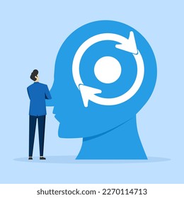 Decision making concept, critical thinking, psychology or psychiatry, neuroscience, business man looking at big thinking head. flat vector illustration design.