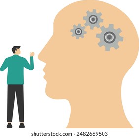 Decision making concept, critical thinking, psychology or psychiatry, neuroscience, business man looking at big thinking head. flat vector illustration design.