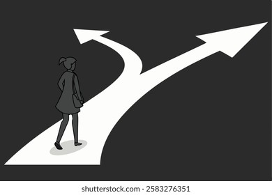 Decision Making Concept Illustration with Woman Standing at a Crossroad Path for Free Download