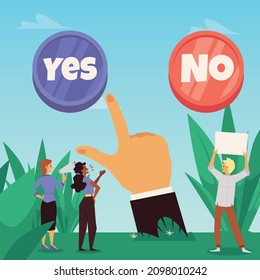 Concepto de toma de decisiones con gente convencida de elegir entre sí y no botón, ilustración vectorial plana. Hombres y mujeres persuaden a la gran mano abstracta para responder.